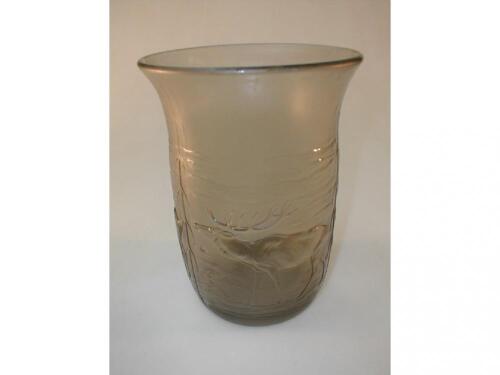 A smoke colour glass vase with deer and stag decoration (some bubbles within body)