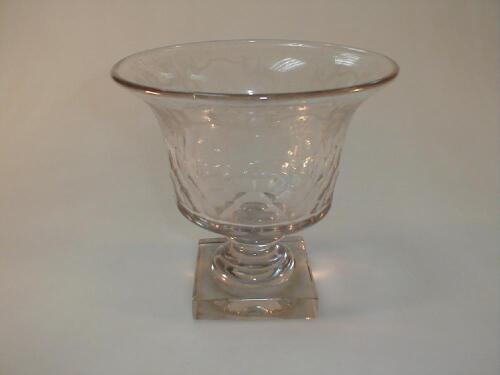 An early 19thC square footed heavy glass flared bowl with vine engraving