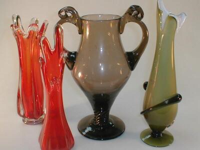 Three stylised glass vases and a smoke glass two handled vase (4)