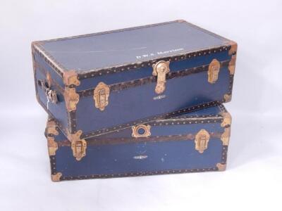 A pair of Noton 20thC blue and metal bound cabin trunks