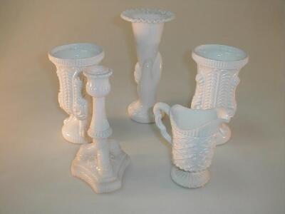 Victorian white pressed glass vases - two pairs