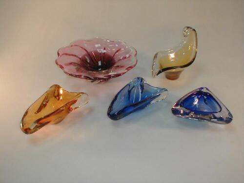 Five Bohemian and Murano style glass bowls