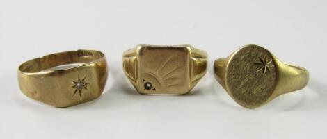 Three gentleman's 9ct gold signet rings