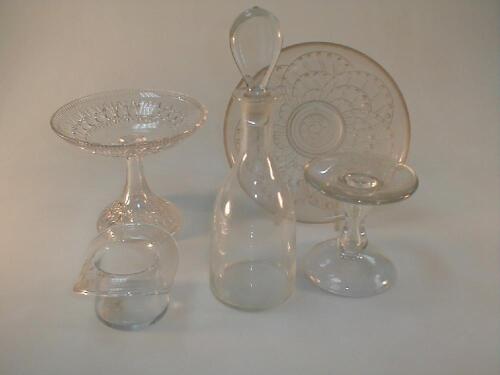 Clear glass comport, top hat, decanter, small 18thC stand and embossed bowl (5)