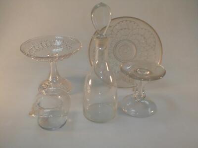 Clear glass comport, top hat, decanter, small 18thC stand and embossed bowl (5)