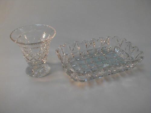 A small cut glass vase and rectangular cut glass bowl