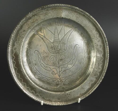 An early 18thC pewter wrigglework marriage plate by James Hitchman