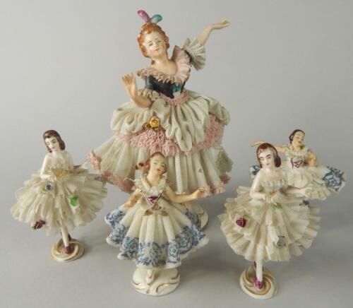 Four Dresden porcelain crinoline ladies