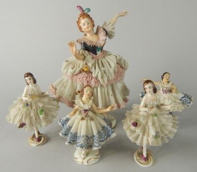 Four Dresden porcelain crinoline ladies