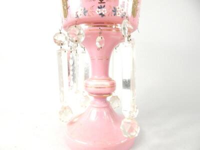 A Victorian pink overlay glass table lustre - 2