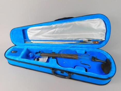 A modern metallic blue sprayed child's violin