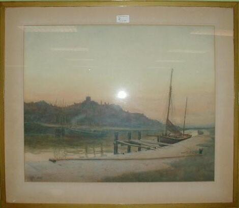 20thC School. Harboured sailing boats at sunset