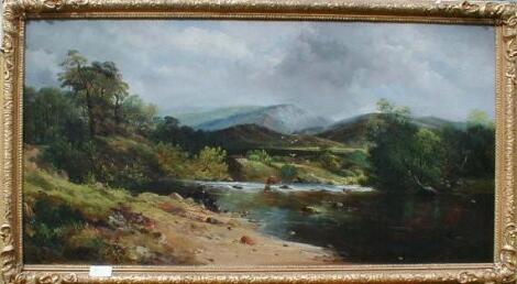 Style of Richard Cresswell. A highland landscape with fishermen wading in the foreground