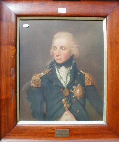 A naval portrait print in a teak frame taken from HMS Collingwood