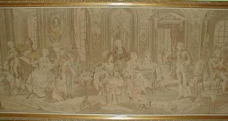 A gilt framed interior scene tapestry panel