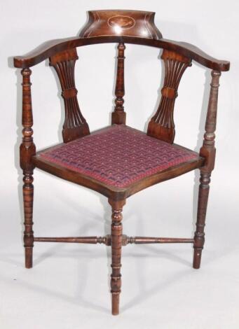 An Edwardian mahogany and boxwood strung and part inlaid corner chair