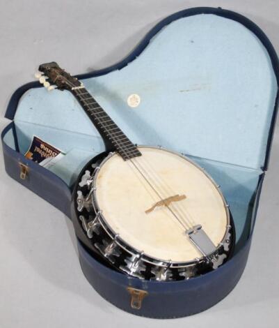 A cased G H & S Melody Major mandolin banjo.