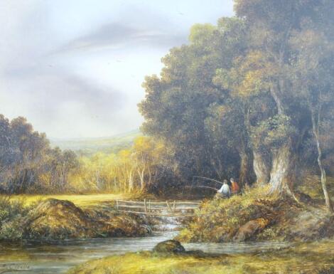 R Cavallo (20thC). Figures fishing aside trees and bridge