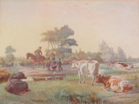 Walter Bothams (1850-1914). Cattle overlooking figure on horseback aside further figures on a path