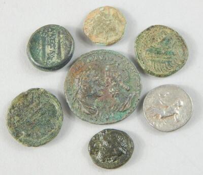 A collection of white metal and bronze ancient coins etc.