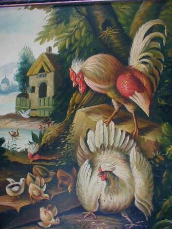 Hunt. A Continental scene with chickens and chicks. Oil on panel