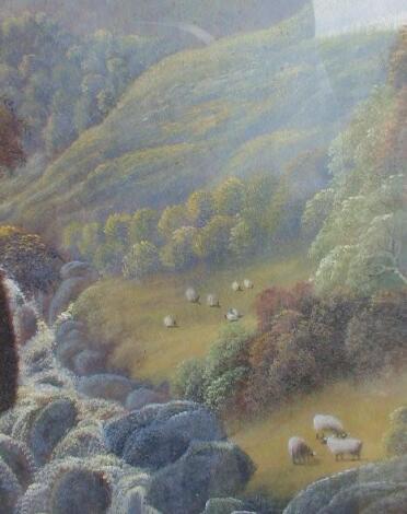 A pair of oak framed highland scenes with waterfalls and sheep