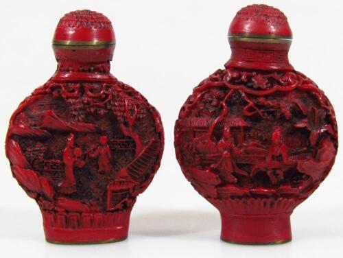 Two 18thC style cinnabar snuff bottles