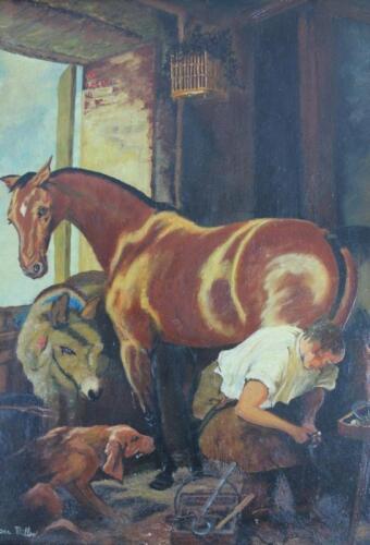 Joan Miller (20thC School). Farrier shoeing a horse