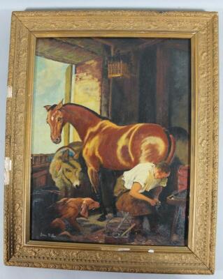 Joan Miller (20thC School). Farrier shoeing a horse - 2