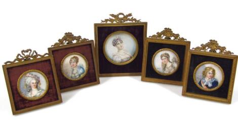 20thC School. Five portrait miniatures after famous originals