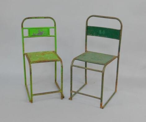 A near pair of mid 20thC vintage green painted tubular metal school chairs.