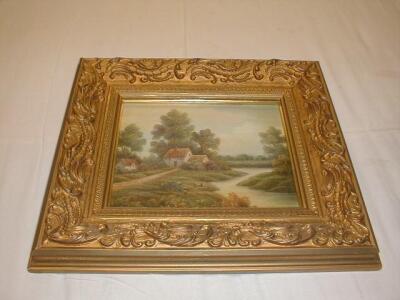 A pair of gilt framed landscapes with cottages and log cart