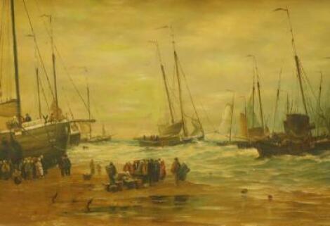 19thC Dutch School. Coastal scene with figures and sailing boats