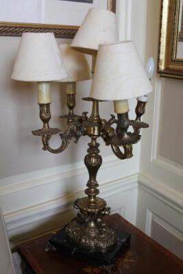 A reproduction marble and gilt brass candelabrum table lamp