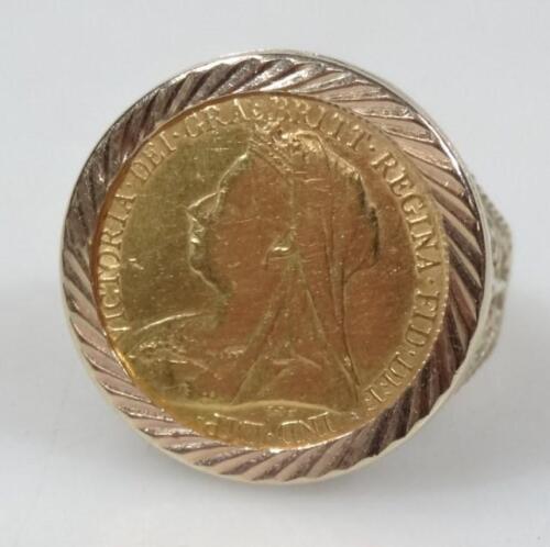 A Victorian 1894 half sovereign set in a 9ct gold ring mount