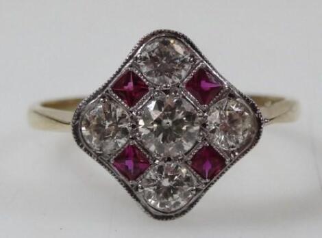 An Art Deco ruby and diamond dress ring