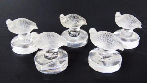 A 20thC Lalique five piece frosted and clear glass partridge menu holders