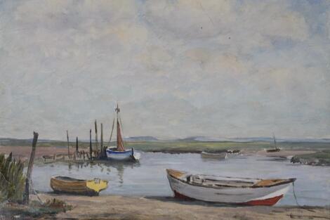 ‡Vavasour Hammond (1900-1985). Moored boats before water and mountains on a summer's day with cloud