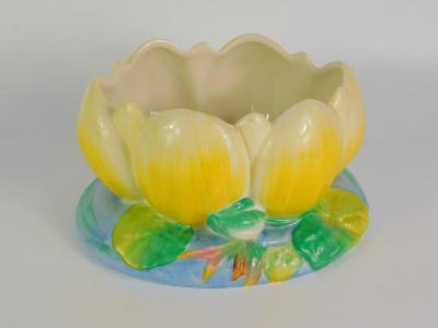 A Clarice Cliff pottery oval bowl moulded and decorated in the Water Lily pattern