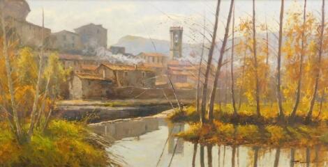 H Maufe (?) (20thC). River scene with town in the background