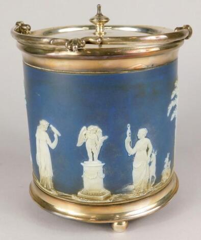 A late 19thC/early 20thC Wedgwood dark blue Jasper ware biscuit barrel