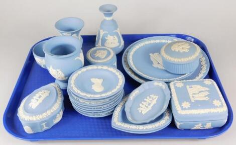 A large quantity of Wedgwood pale blue Jasper ware