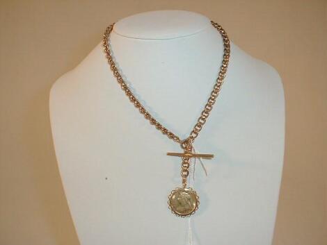 A 9ct gold double watch chain with T bar