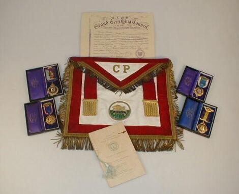 An RAOB apron together with Grand Middlesex Banner ephemera and four jewels