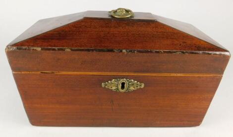 A 19thC mahogany sarcophagus shaped tea caddy