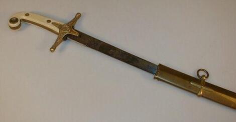 A Manton & Co sabre with faux ivory and embossed brass handle and brass scabbard