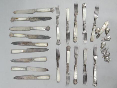 A set of early 20thC silver plated and mother of pearl entrée knives and forks