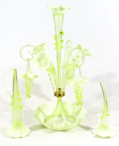 A vaseline green glass epergne centrepiece