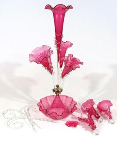 A cranberry and clear glass epergne