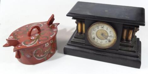 A late 19thC ebonised wooden marble finish mantel clock